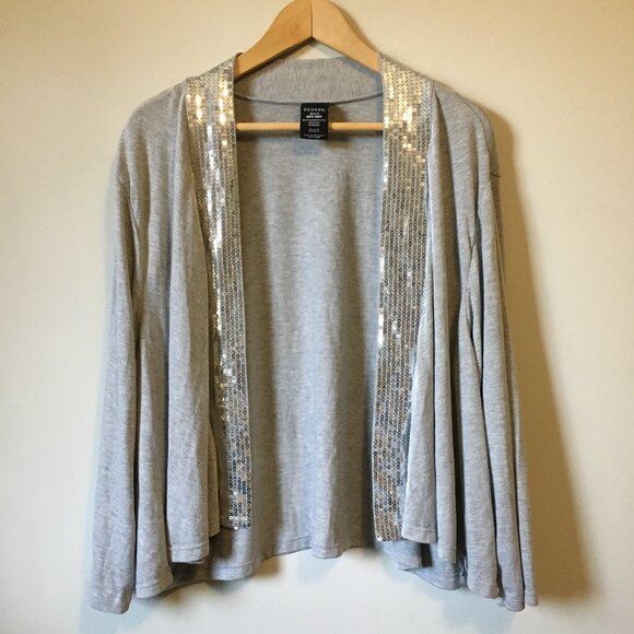 Heathered Grey Silver Sequin Trimmed Open Cardigan - Picture 2 of 15